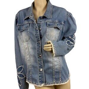 Vintage Crest Women's Blue Denim Jean Floral Crochet Trim & Patch Jacket Size:XL